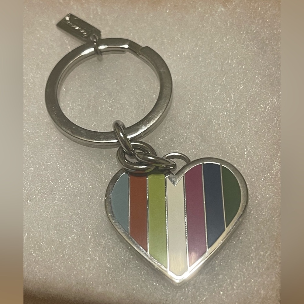 Coach Multicolor Striped Heart Keychain - Silver Hardware